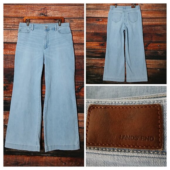 Lands End Jeans Size 14 High Rise Wide Leg Light Wash Blue Denim Stretch - Picture 1 of 9